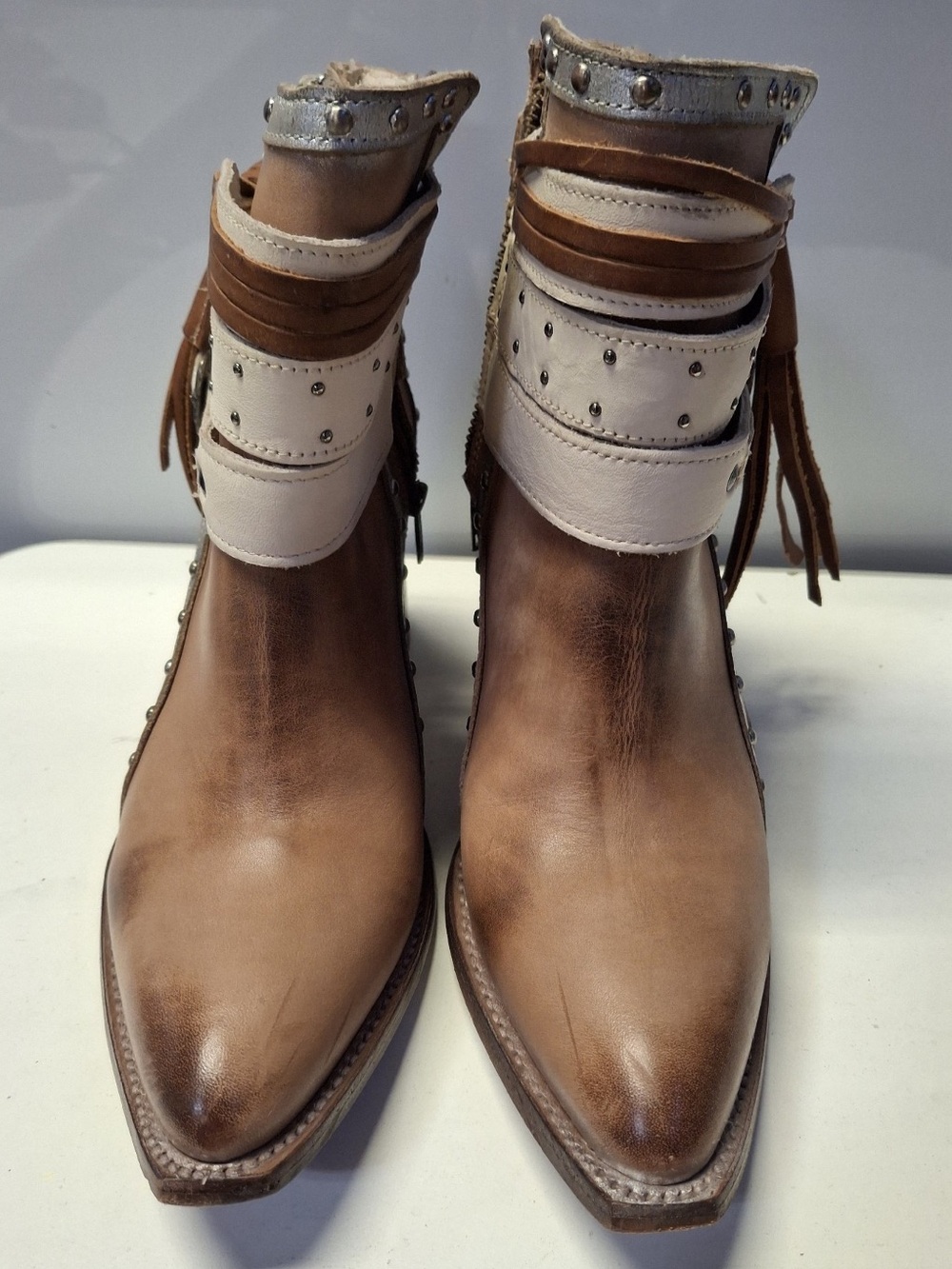 Freebird “Julius” Natural/Multi Leather Boho w/Straps/Studs Ankle Boots Size 10